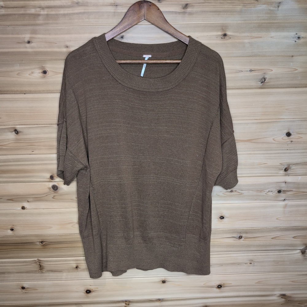 Free People Brown Short Sleeve Knit Sweater Boxy‎ Crew Neck OB1319466 XS